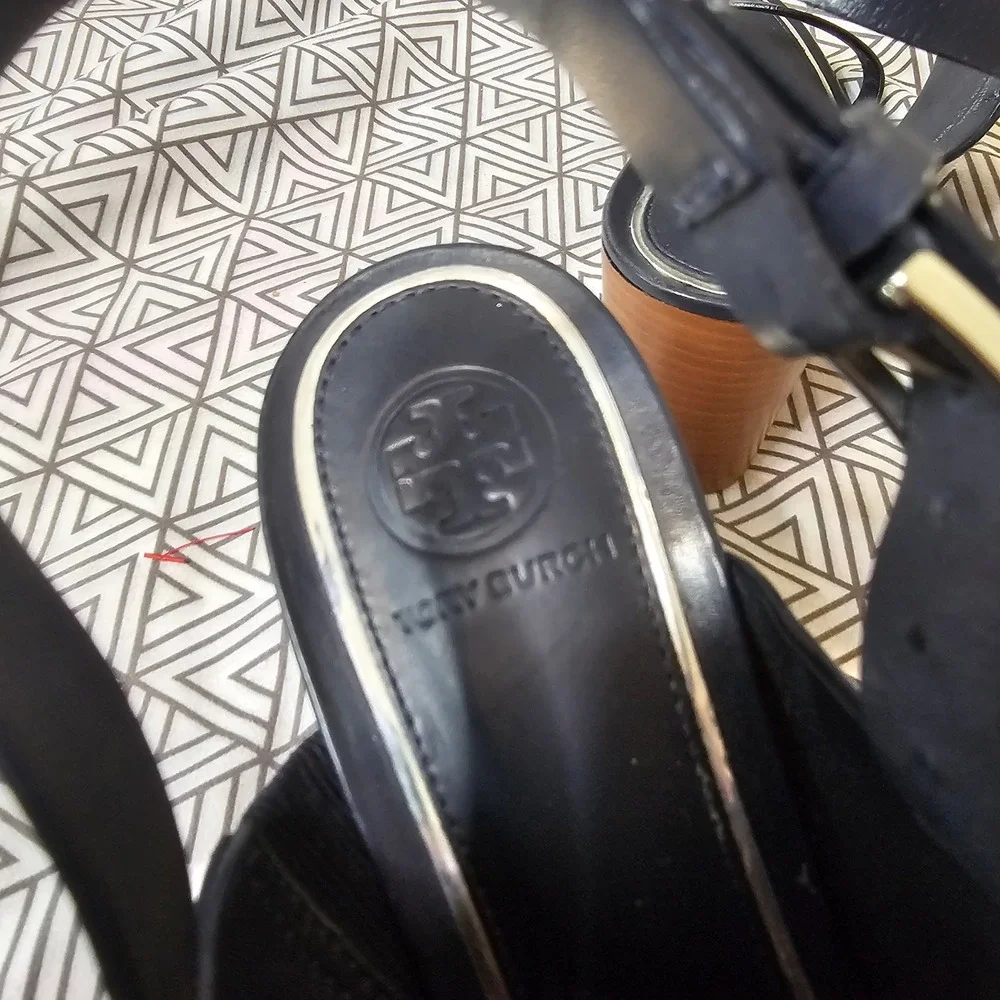 Tory Burch Metal Miller Leather Wedge Sandals Navy Blue Silver Size 8.5